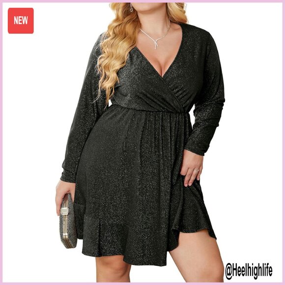 Plus Size Glitter Dress Long Sleeve V Neck Ruffle Hem Cocktail Party - Picture 1 of 8
